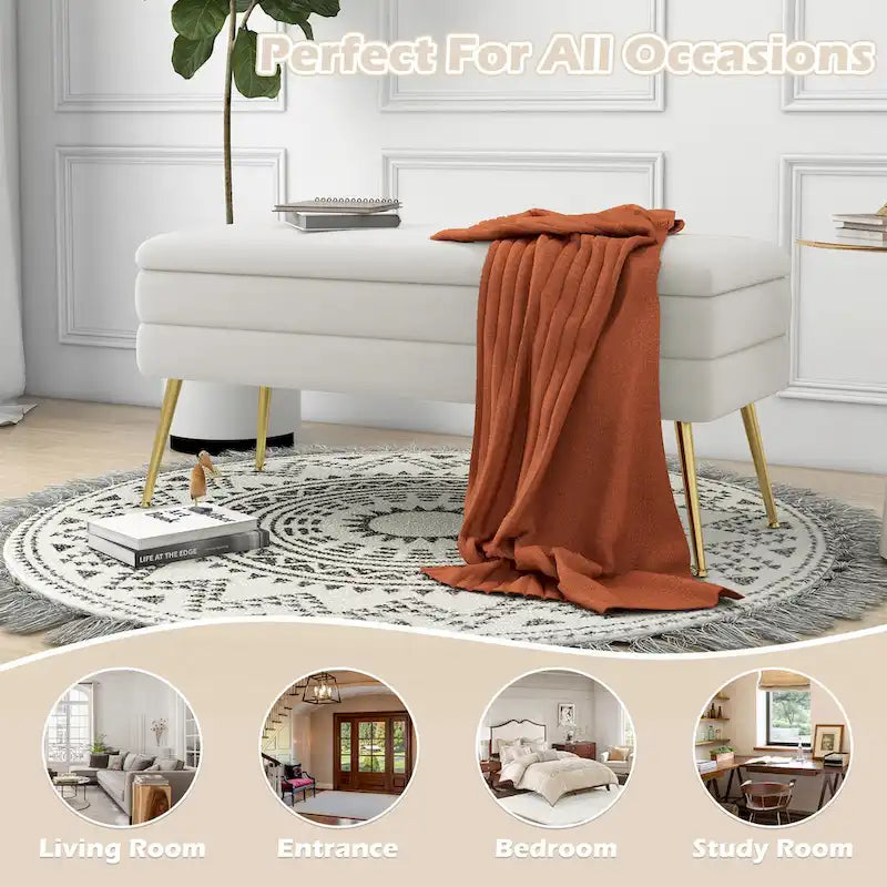 Banc de rangement ottoman en velours avec pieds en métal