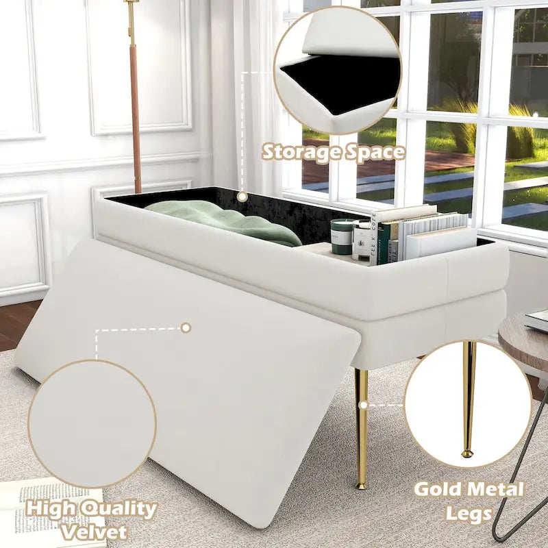 Banc de rangement ottoman en velours avec pieds en métal