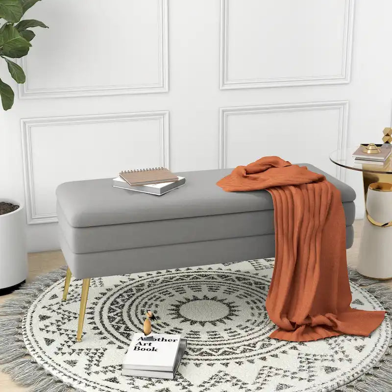 Banc de rangement ottoman en velours avec pieds en métal