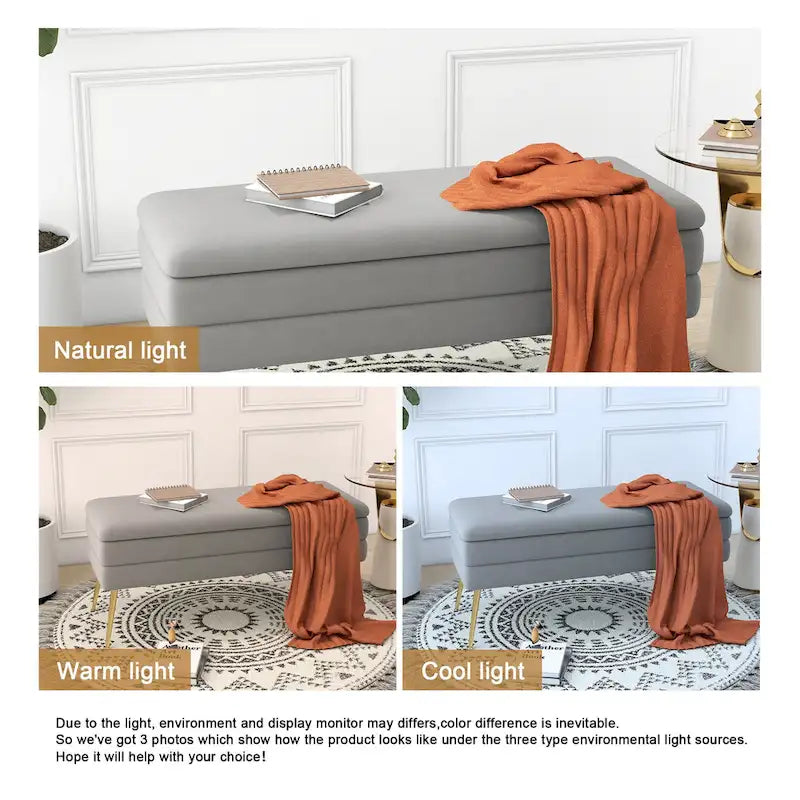 Banc de rangement ottoman en velours avec pieds en métal