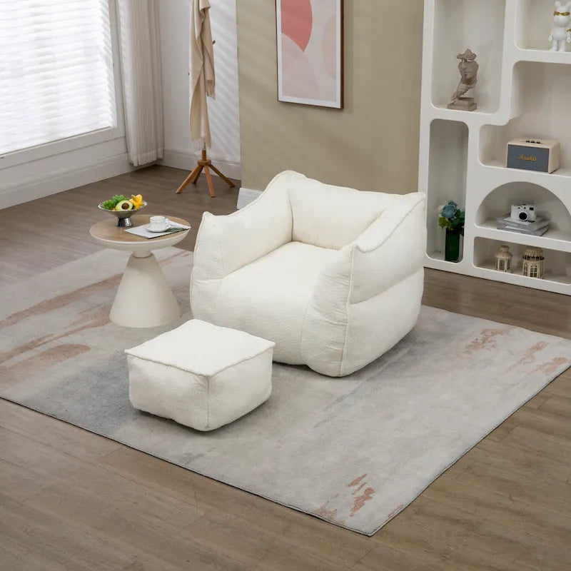 Pouf carré sans accoudoirs en tissu bouclé avec ottoman