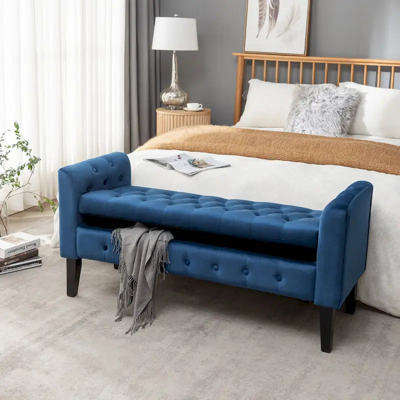 Banc de rangement en velours Porthos Home Brett avec pieds en bois d'hévéa
