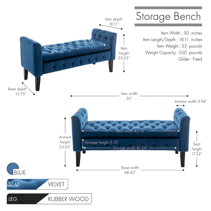 Banc de rangement en velours Porthos Home Brett avec pieds en bois d'hévéa