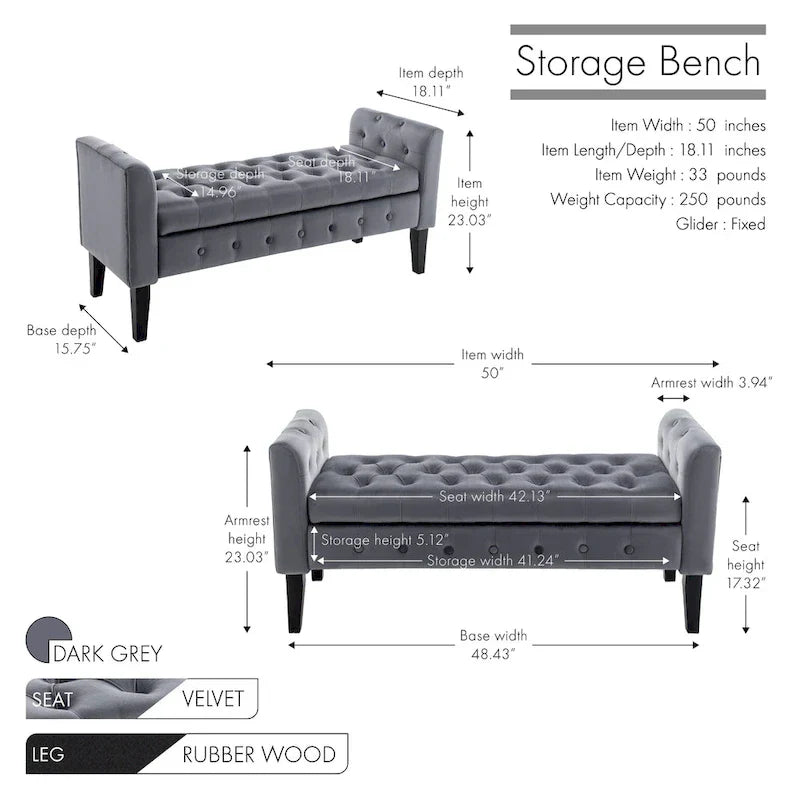Banc de rangement en velours Porthos Home Brett avec pieds en bois d'hévéa