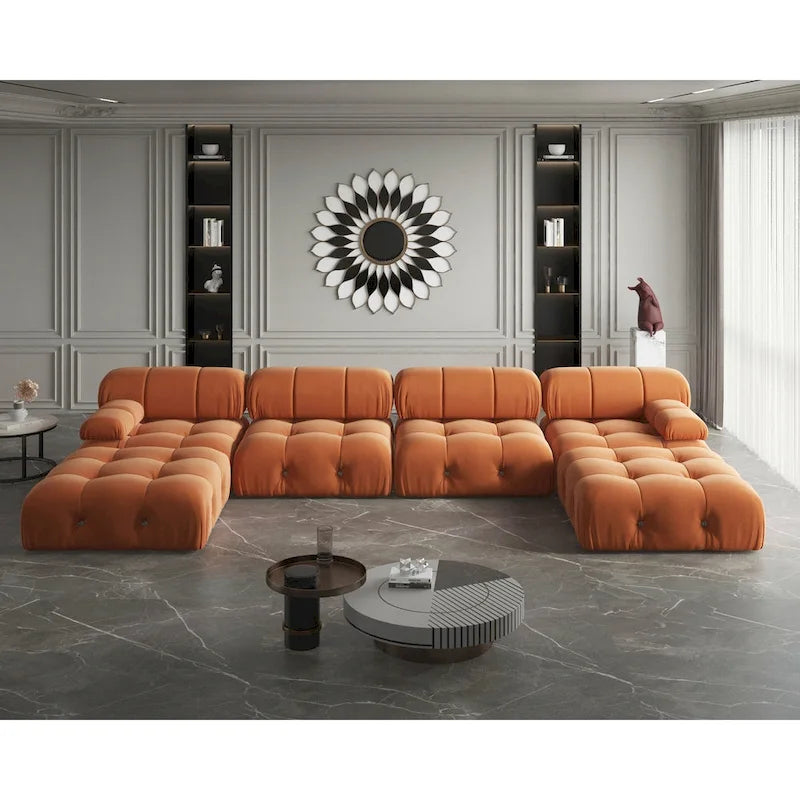 Canapé Sectionnel Modulable Moderne Rembourré en Velours Forme U 6 places, Méridienne Extra-Large pour Salon