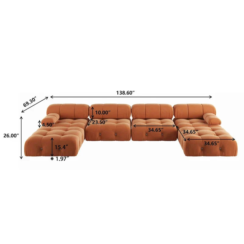 Canapé Sectionnel Modulable Moderne Rembourré en Velours Forme U 6 places, Méridienne Extra-Large pour Salon