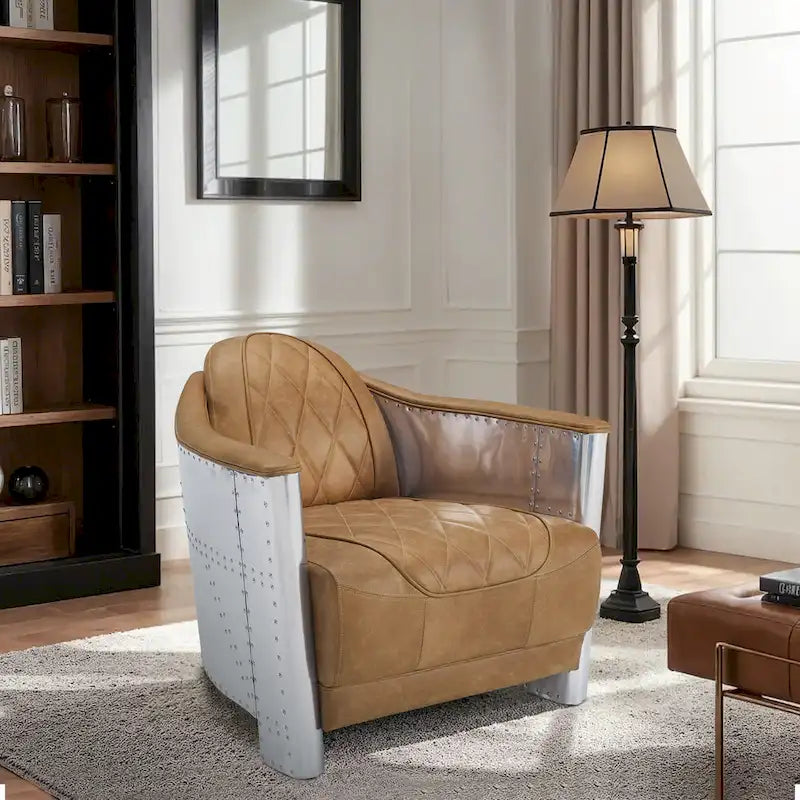 Fauteuil d'appoint Art Leon Industriel Rétro en Cuir pleine fleur et Aluminium