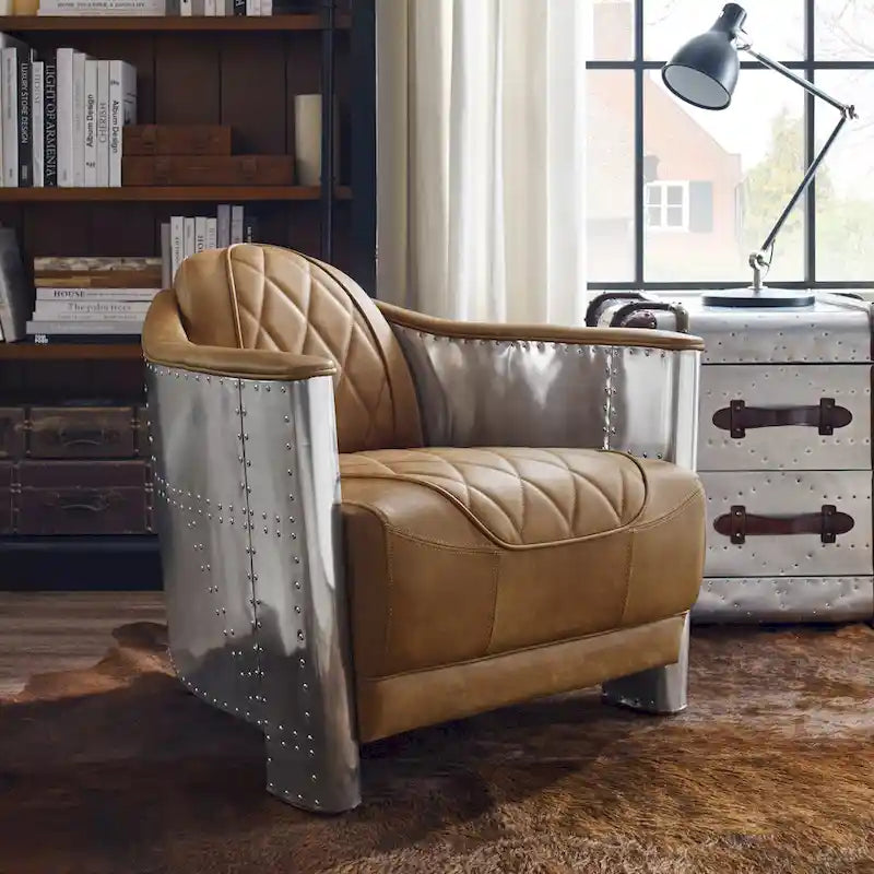 Fauteuil d'appoint Art Leon Industriel Rétro en Cuir pleine fleur et Aluminium