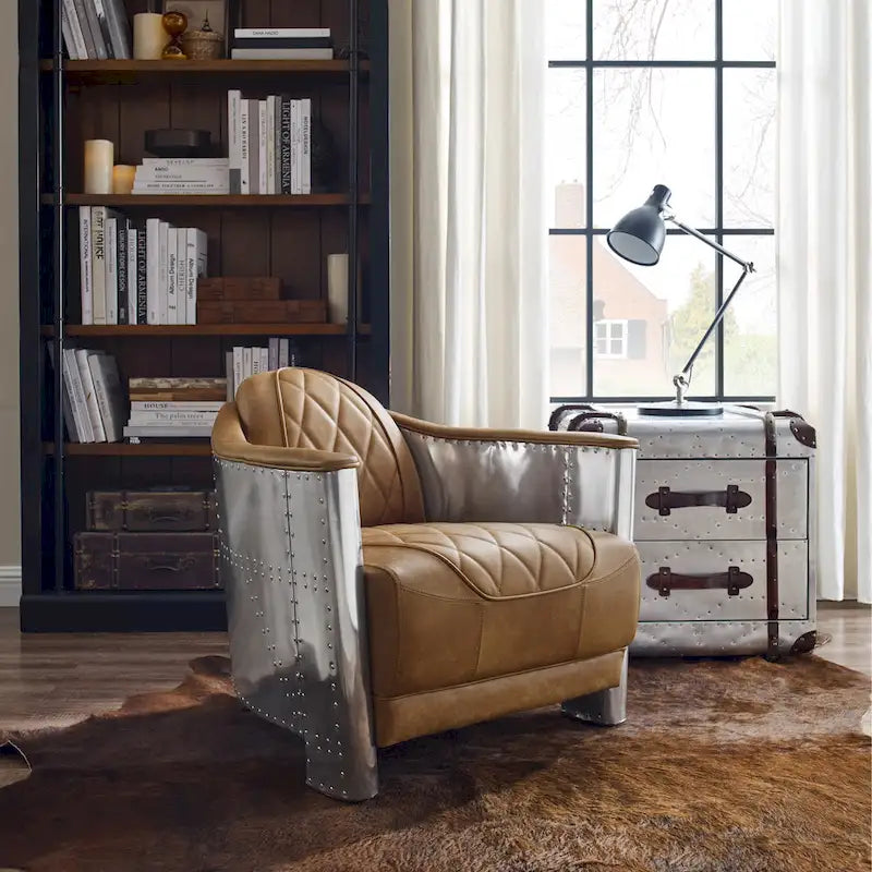 Fauteuil d'appoint Art Leon Industriel Rétro en Cuir pleine fleur et Aluminium