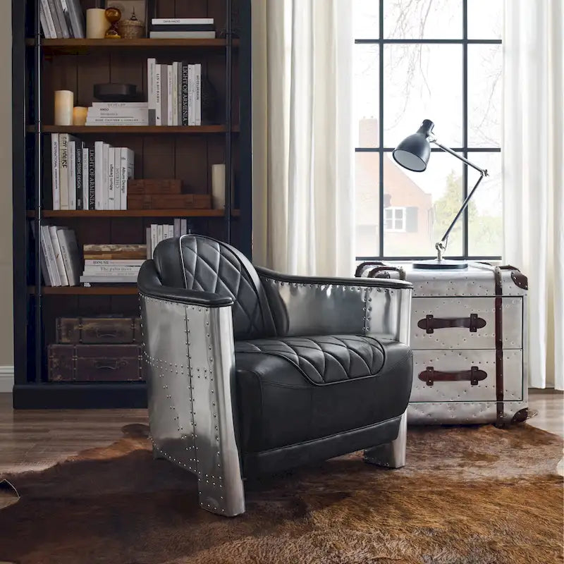 Fauteuil d'appoint Art Leon Industriel Rétro en Cuir pleine fleur et Aluminium