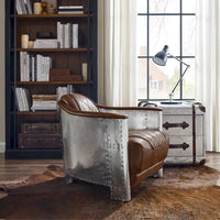Fauteuil d'appoint Art Leon Industriel Rétro en Cuir pleine fleur et Aluminium