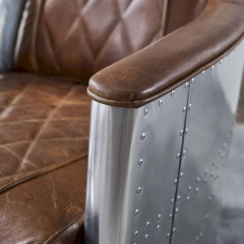 Fauteuil d'appoint Art Leon Industriel Rétro en Cuir pleine fleur et Aluminium