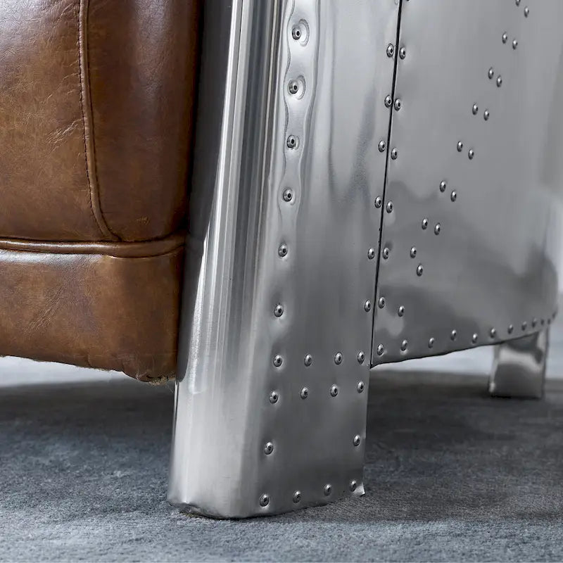 Fauteuil d'appoint Art Leon Industriel Rétro en Cuir pleine fleur et Aluminium