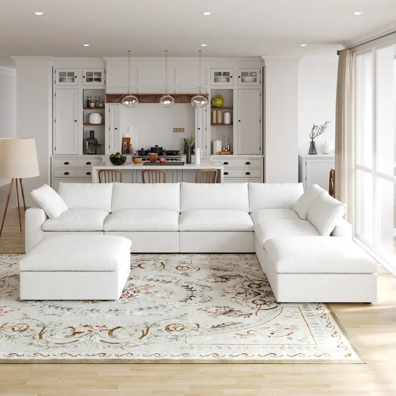 Canapé modulable en U 6 places en lin avec pouf, rembourré de duvet, grand confort, 160 pouces, combinaison libre