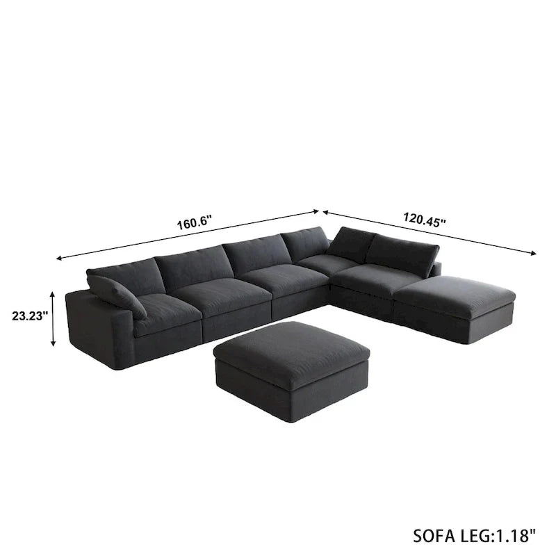 Canapé modulable en U 6 places en lin avec pouf, rembourré de duvet, grand confort, 160 pouces, combinaison libre