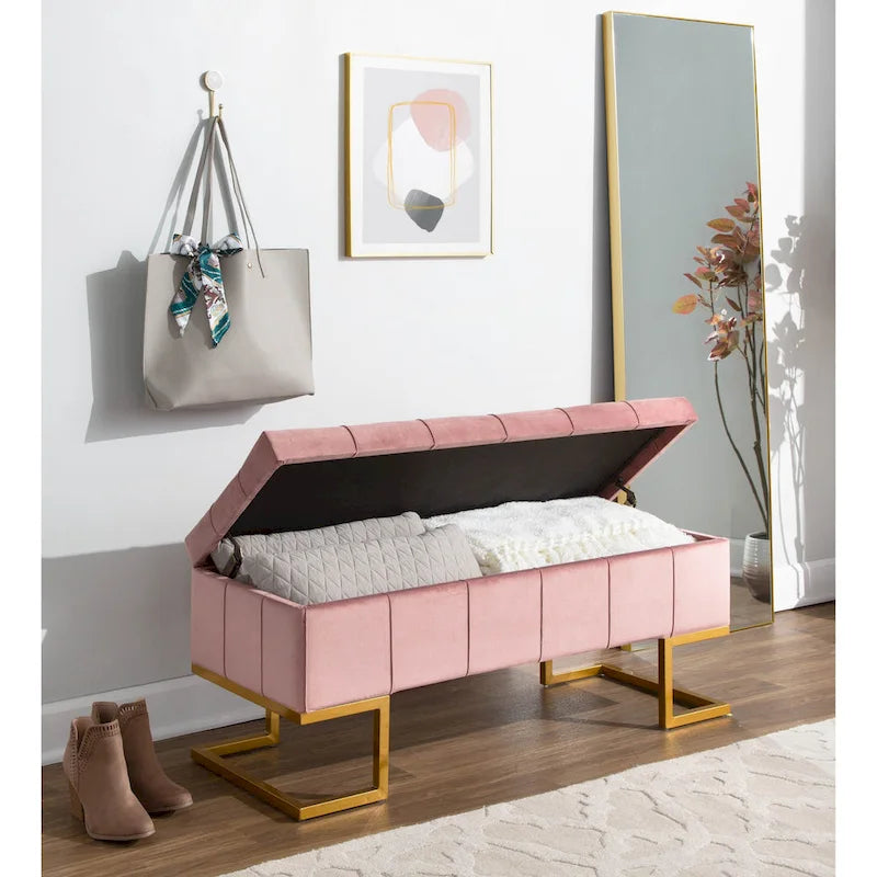 Banc de rangement en velours Silver Orchid Crossgar avec couvercle à charnière