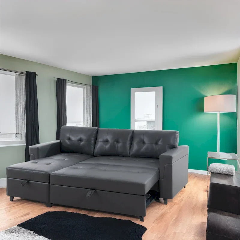 Canapé Sectionnel Réversible avec Lit Escamotable, Méridienne de Rangement Cachée, Pieds Durables