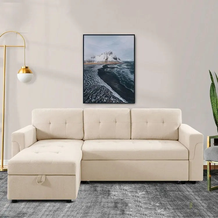 Canapé Sectionnel Réversible avec Lit Escamotable, Méridienne de Rangement Cachée, Pieds Durables
