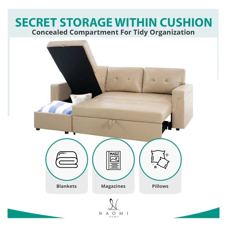 Canapé Sectionnel Réversible avec Lit Escamotable, Méridienne de Rangement Cachée, Pieds Durables