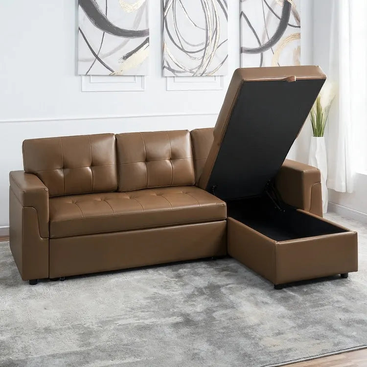 Canapé Sectionnel Réversible avec Lit Escamotable, Méridienne de Rangement Cachée, Pieds Durables