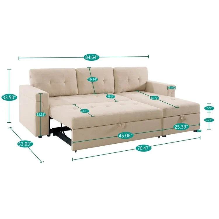 Canapé Sectionnel Réversible avec Lit Escamotable, Méridienne de Rangement Cachée, Pieds Durables