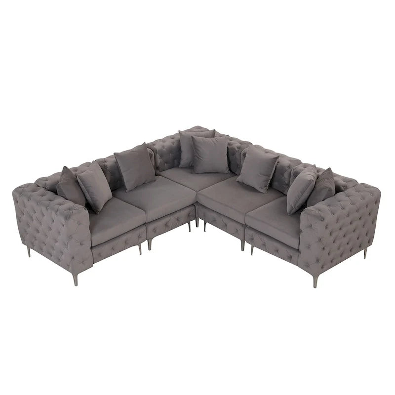 Grand canapé modulaire en L, canapé sectionnel 5 places en velours