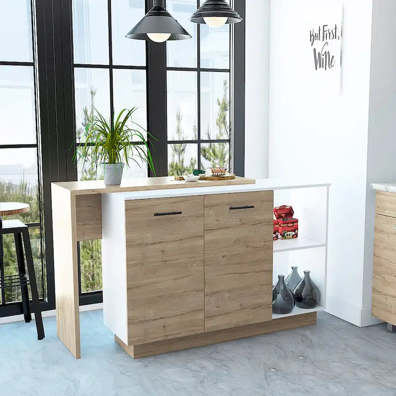 Îlot de cuisine TUHOME Sicilia avec 2 étagères ouvertes, un meuble à double porte et 3 étagères intérieures