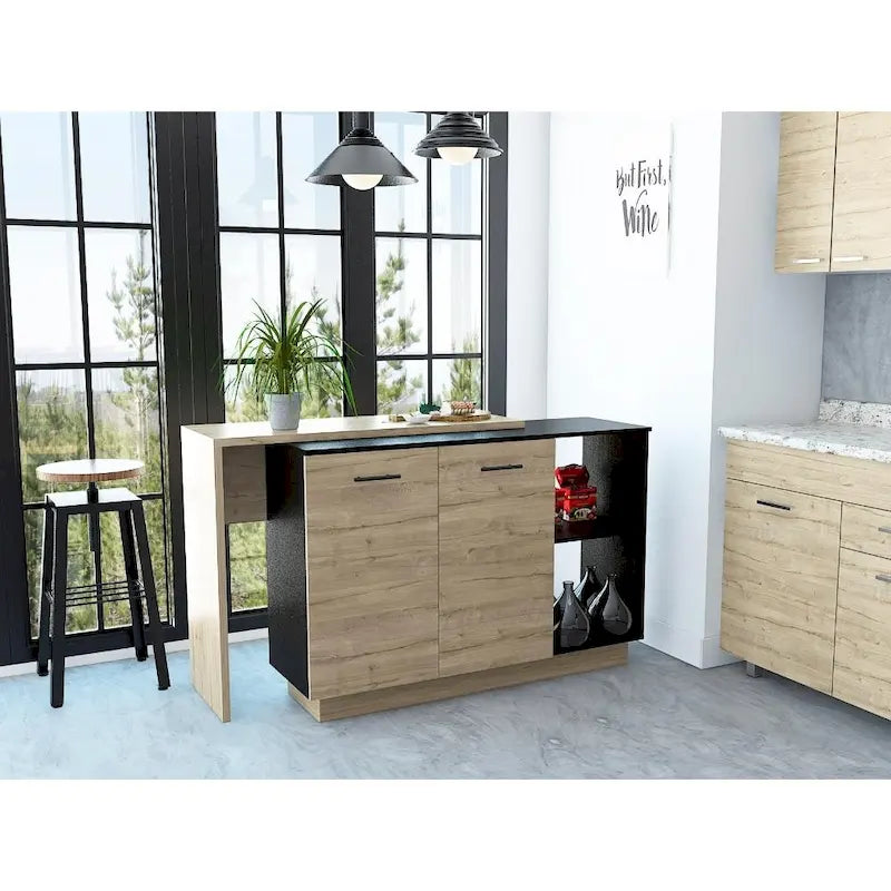 Îlot de cuisine TUHOME Sicilia avec 2 étagères ouvertes, un meuble à double porte et 3 étagères intérieures