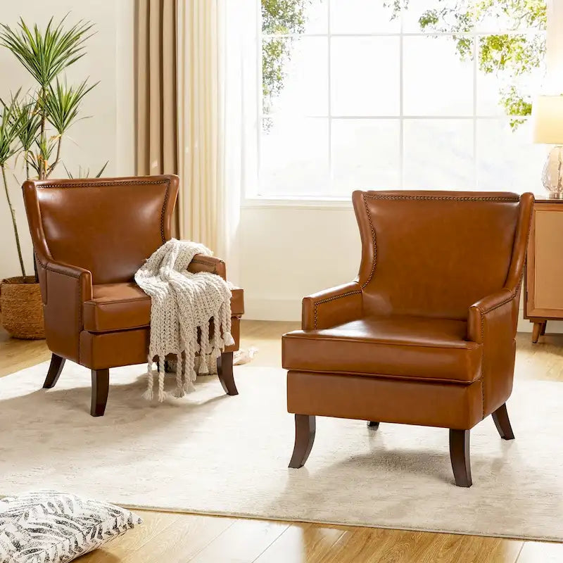 Fauteuil Angeles ergonomique en cuir végétalien de style moderne du milieu du siècle avec dossier à oreilles (lot de 2) par HULALA HOME