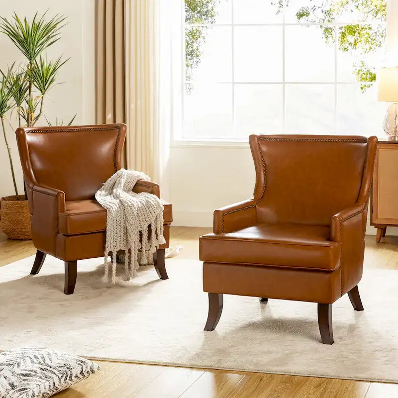 Fauteuil Angeles ergonomique en cuir végétalien de style moderne du milieu du siècle avec dossier à oreilles (lot de 2) par HULALA HOME