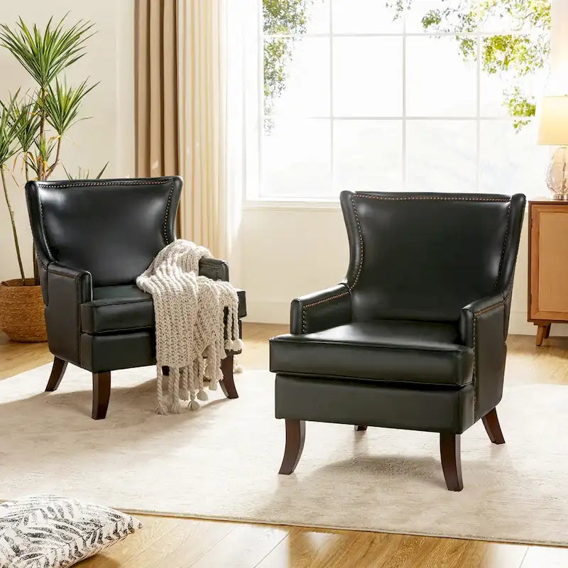 Fauteuil Angeles ergonomique en cuir végétalien de style moderne du milieu du siècle avec dossier à oreilles (lot de 2) par HULALA HOME