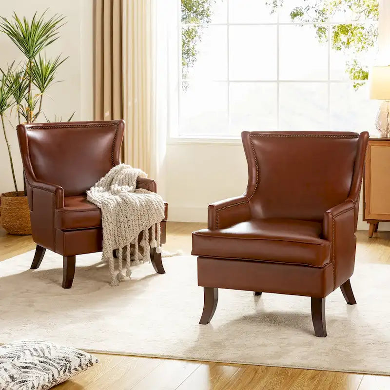 Fauteuil Angeles ergonomique en cuir végétalien de style moderne du milieu du siècle avec dossier à oreilles (lot de 2) par HULALA HOME