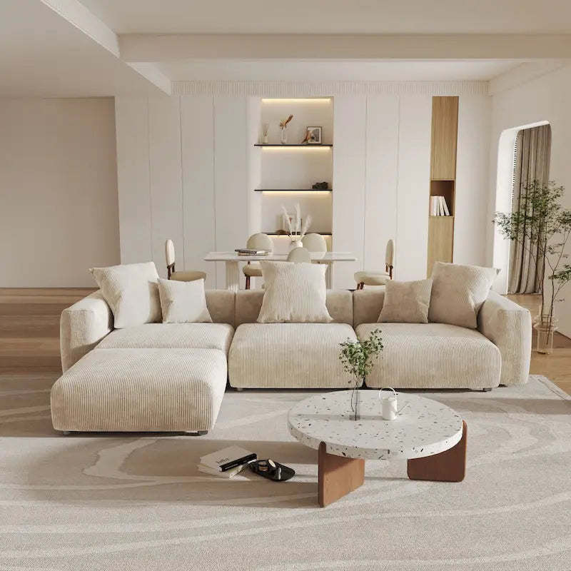 Grand Canapé Sectionnel Modulable Réversible 141.73 pouces en Velours Côtelé Forme L avec Pouf et Coussin