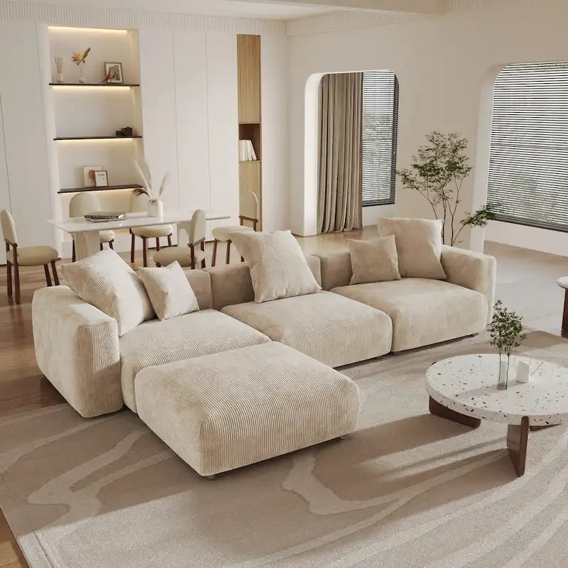 Grand Canapé Sectionnel Modulable Réversible 141.73 pouces en Velours Côtelé Forme L avec Pouf et Coussin