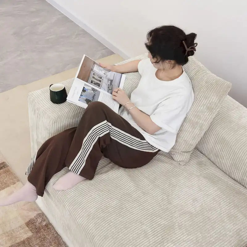 Grand Canapé Sectionnel Modulable Réversible 141.73 pouces en Velours Côtelé Forme L avec Pouf et Coussin