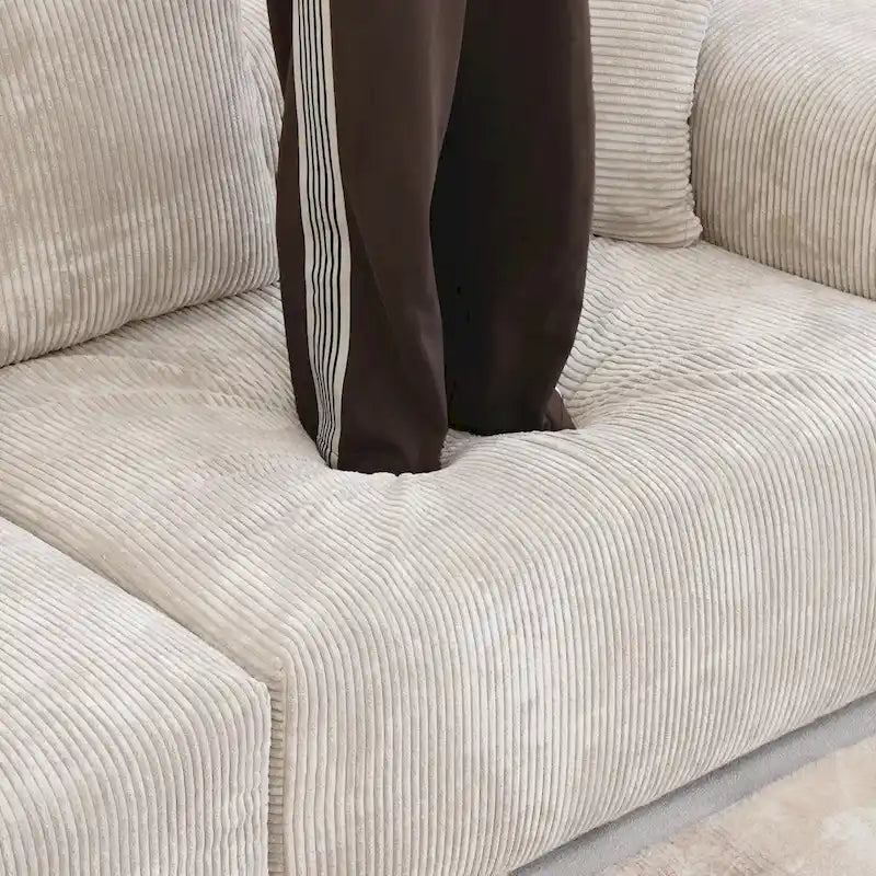 Grand Canapé Sectionnel Modulable Réversible 141.73 pouces en Velours Côtelé Forme L avec Pouf et Coussin