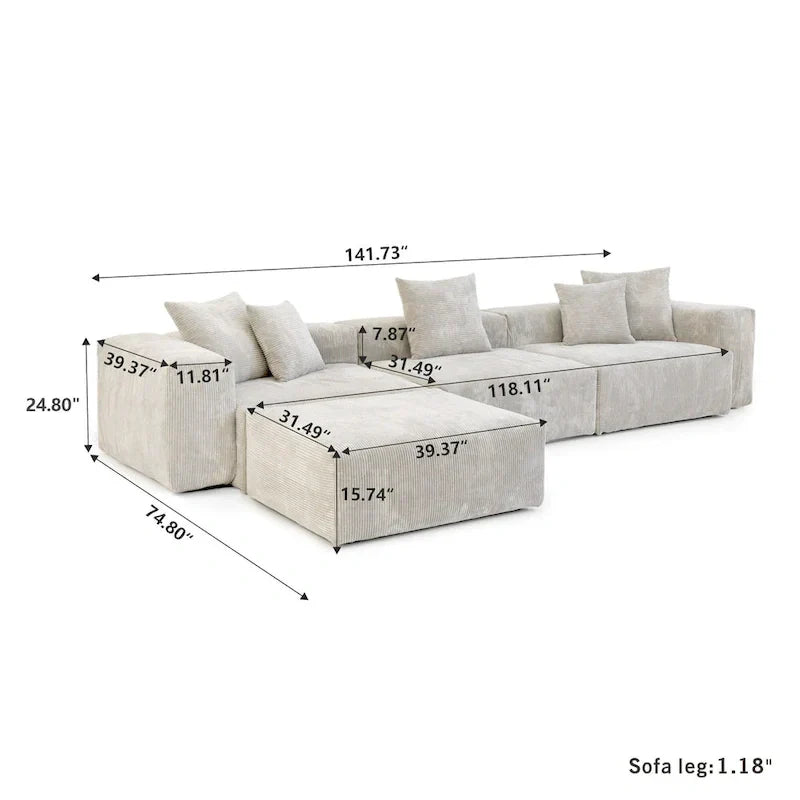 Grand Canapé Sectionnel Modulable Réversible 141.73 pouces en Velours Côtelé Forme L avec Pouf et Coussin