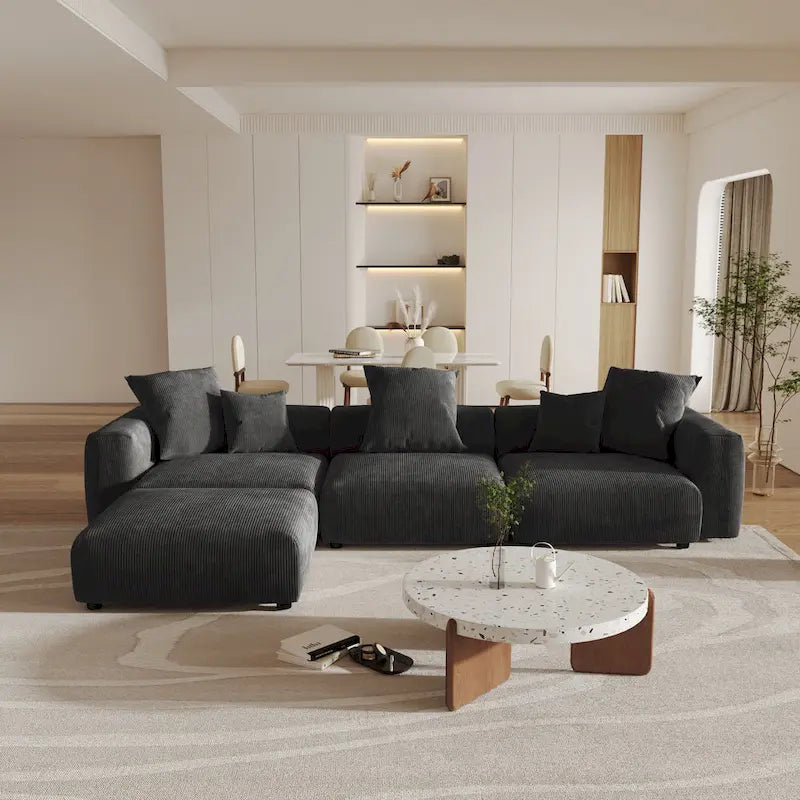 Grand Canapé Sectionnel Modulable Réversible 141.73 pouces en Velours Côtelé Forme L avec Pouf et Coussin