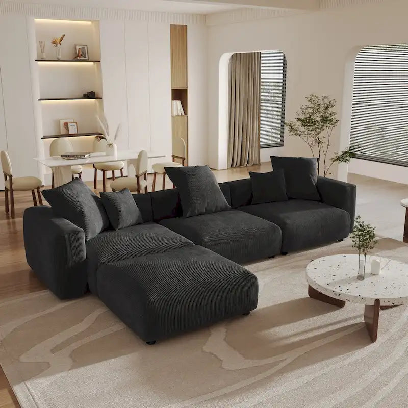 Grand Canapé Sectionnel Modulable Réversible 141.73 pouces en Velours Côtelé Forme L avec Pouf et Coussin