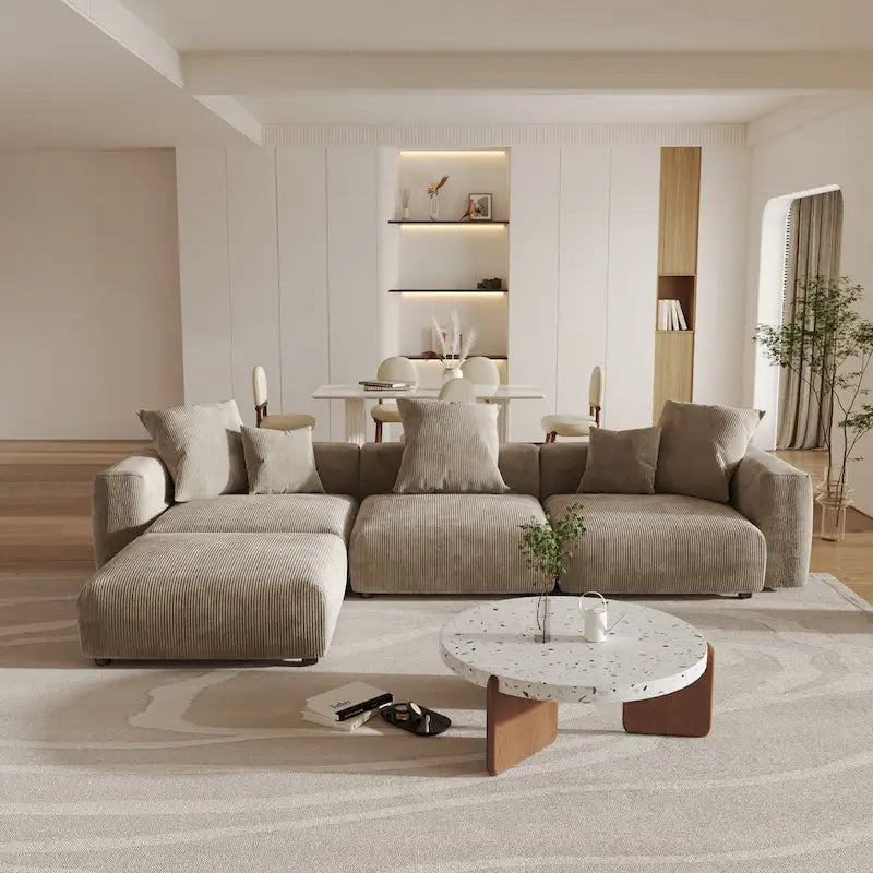 Grand Canapé Sectionnel Modulable Réversible 141.73 pouces en Velours Côtelé Forme L avec Pouf et Coussin