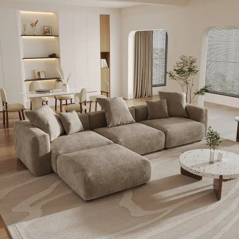 Grand Canapé Sectionnel Modulable Réversible 141.73 pouces en Velours Côtelé Forme L avec Pouf et Coussin