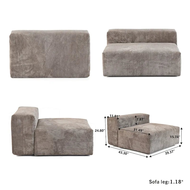 Grand Canapé Sectionnel Modulable Réversible 141.73 pouces en Velours Côtelé Forme L avec Pouf et Coussin