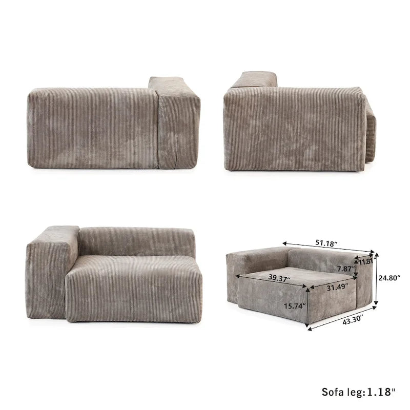Grand Canapé Sectionnel Modulable Réversible 141.73 pouces en Velours Côtelé Forme L avec Pouf et Coussin