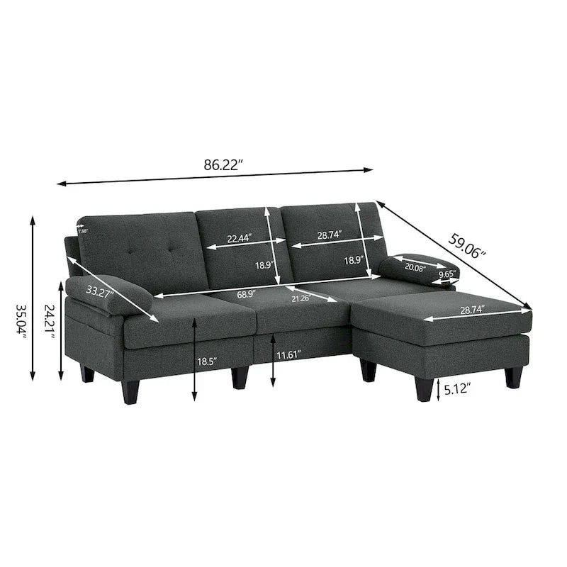 Canapé Sectionnel Forme L 86.22 pouces avec Poches de Rangement Latérales