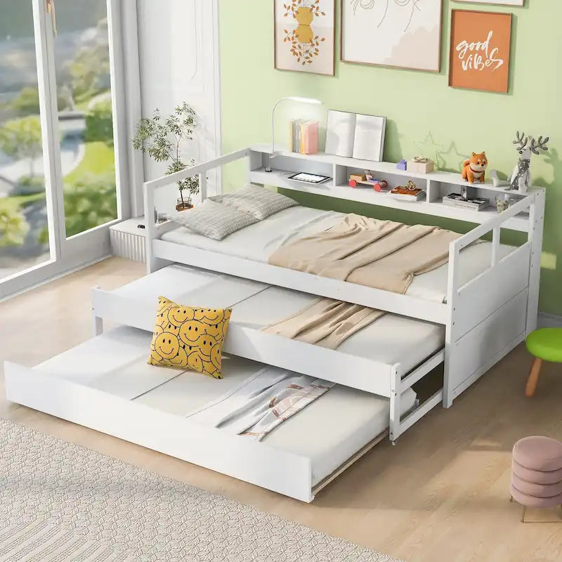 Lit de repos double XL en bois avec 2 lits gigognes et port USB