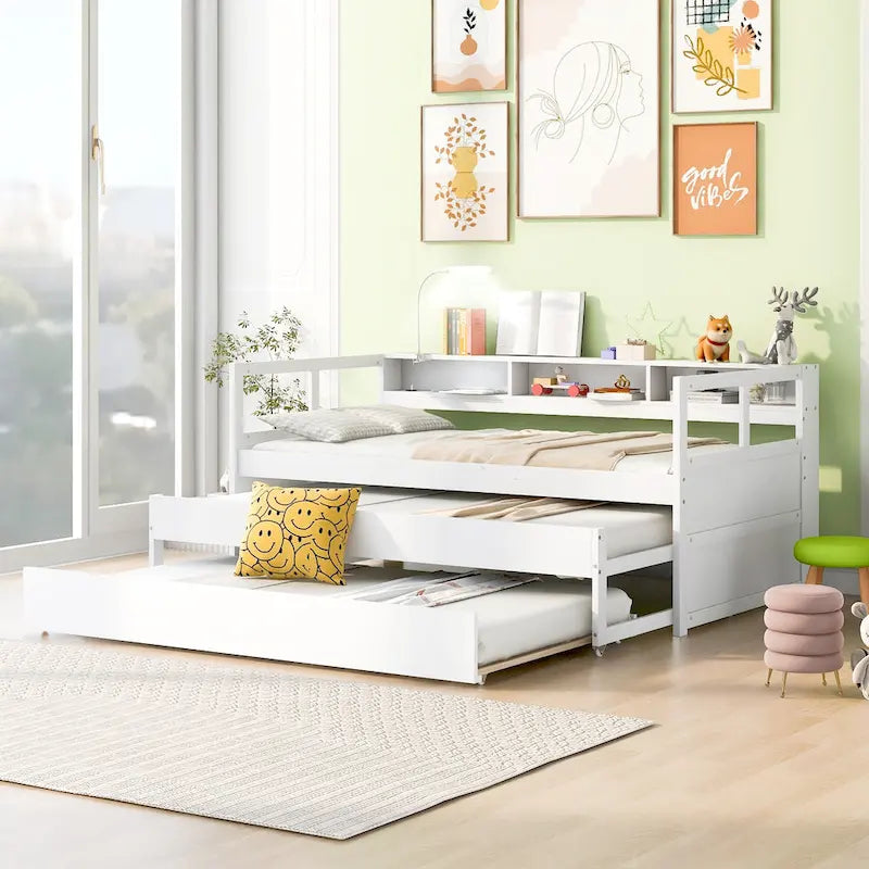 Lit de repos double XL en bois avec 2 lits gigognes et port USB