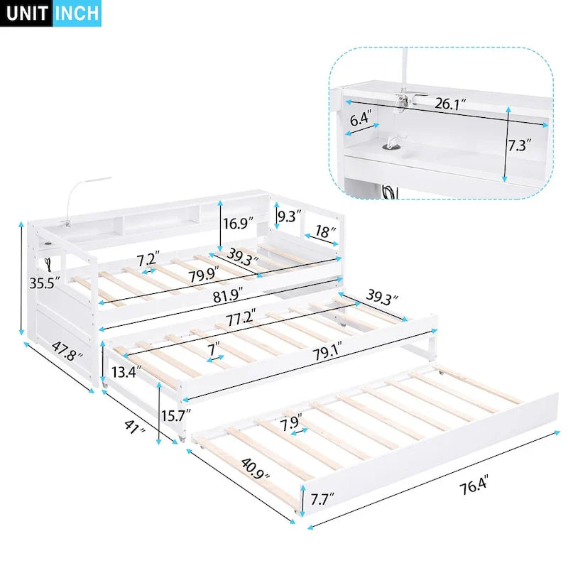 Lit de repos double XL en bois avec 2 lits gigognes et port USB