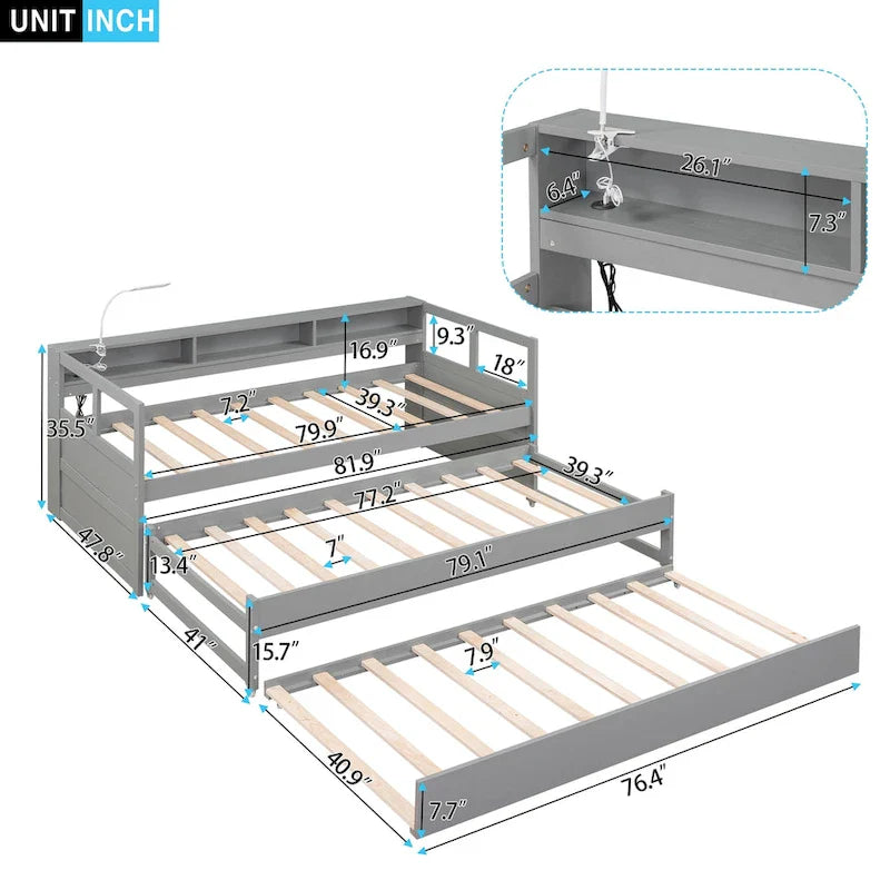 Lit de repos double XL en bois avec 2 lits gigognes et port USB