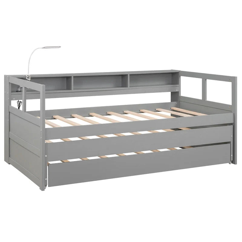 Lit de repos double XL en bois avec 2 lits gigognes et port USB