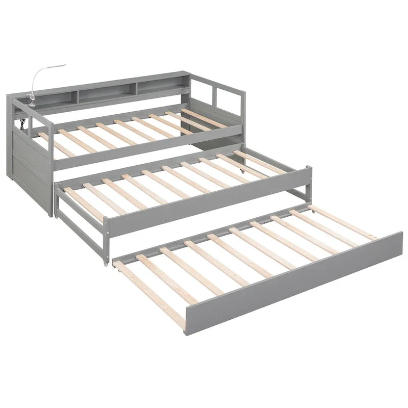 Lit de repos double XL en bois avec 2 lits gigognes et port USB